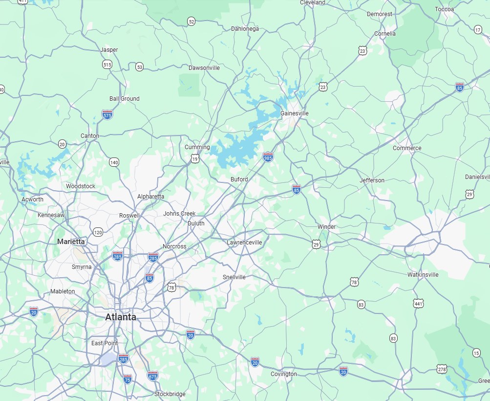 The I-85 corridor from Atlanta north past Gainesville and Commerce